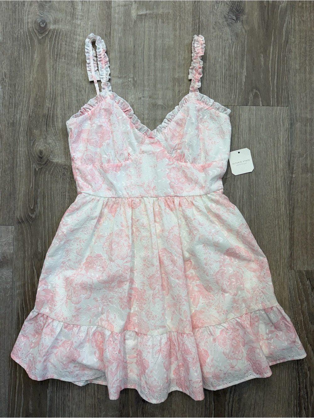 Altar'd State Pink & White Floral Eyelet Sundress with Ruffled Straps